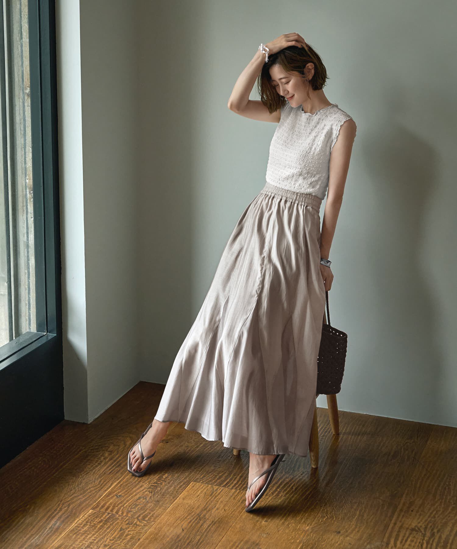 STYLE DELI「【LUXE】トライアングル配色切替スカート」|フレア|グレージュMIX