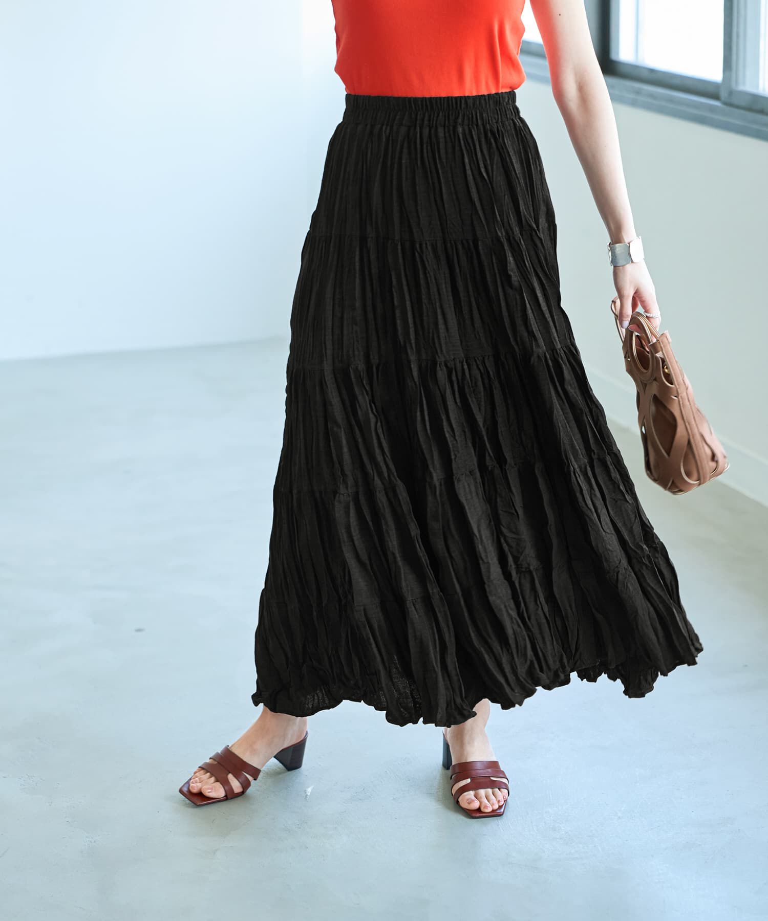 STYLE DELI「94cm丈コットン質感ワッシャーティア―ドスカート」|フレア|