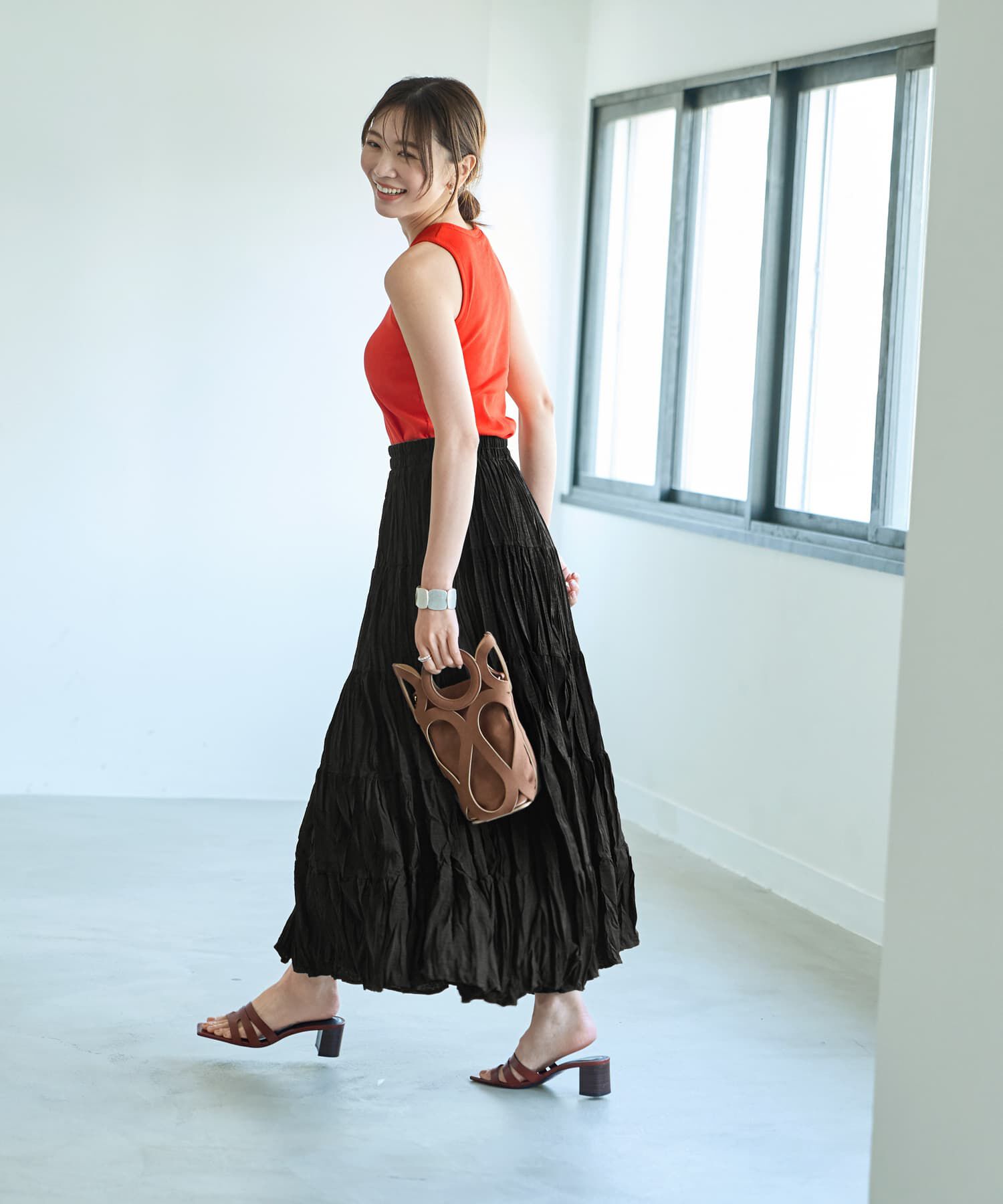 STYLE DELI「94cm丈コットン質感ワッシャーティア―ドスカート」|フレア|