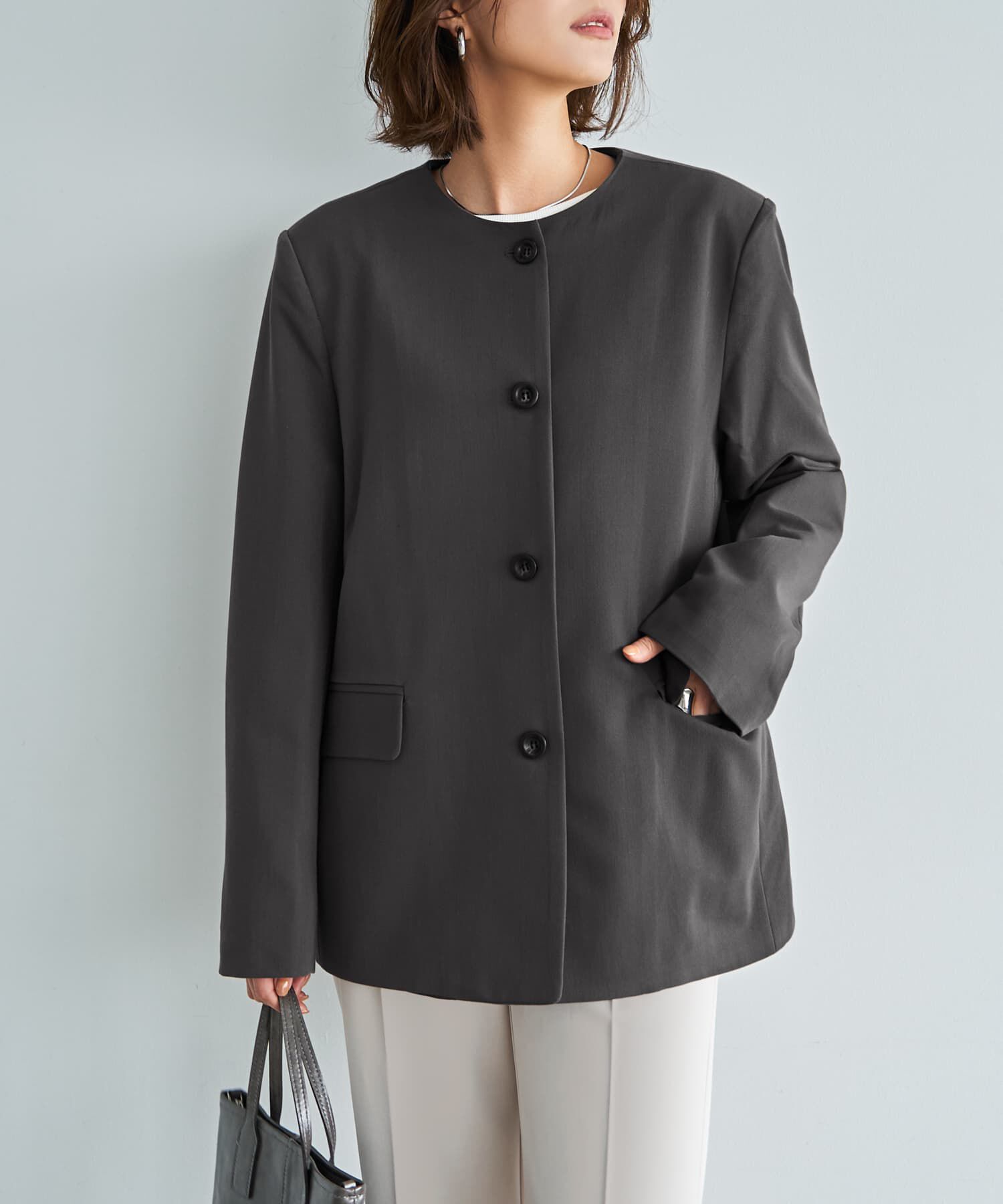 STYLE DELI「【LUXE】ラウンドネックノーカラージャケット」|ノーカラージャケット|チャコール