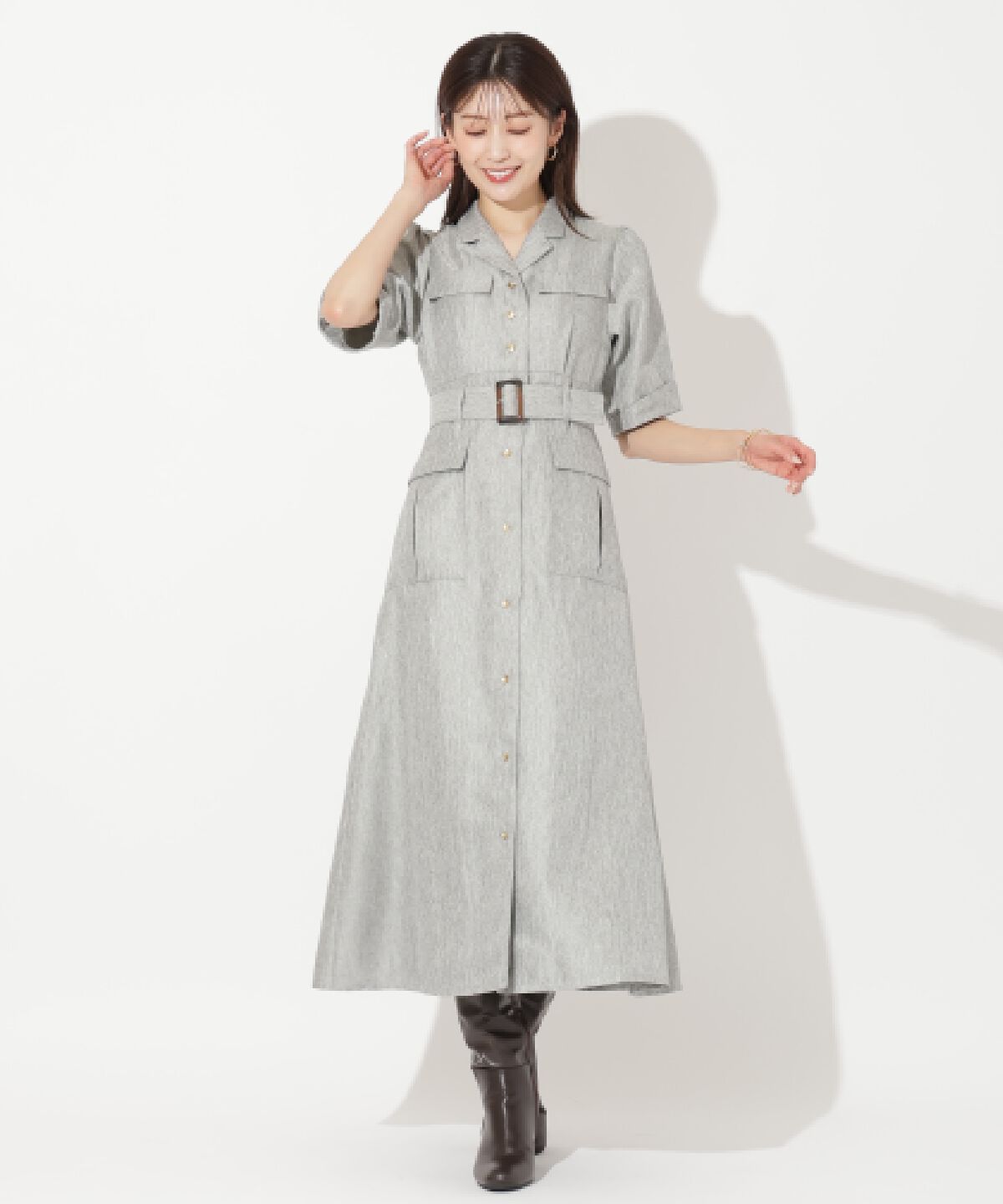 アンドクチュール「5分袖カーゴシャツワンピース」|ワンピース|ライトグレー