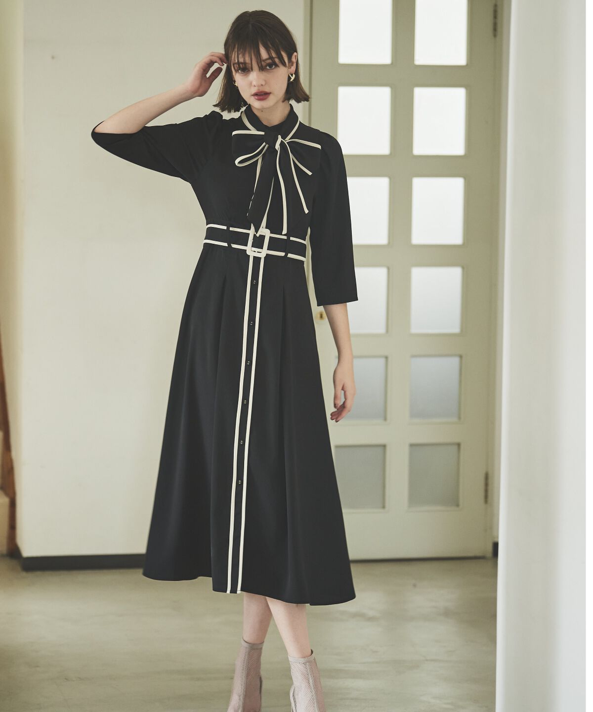 アンドクチュール「配色パイピングボウタイワンピース」|ワンピース|