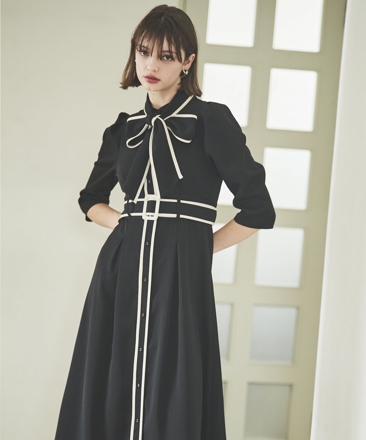 アンドクチュール「配色パイピングボウタイワンピース」|ワンピース|