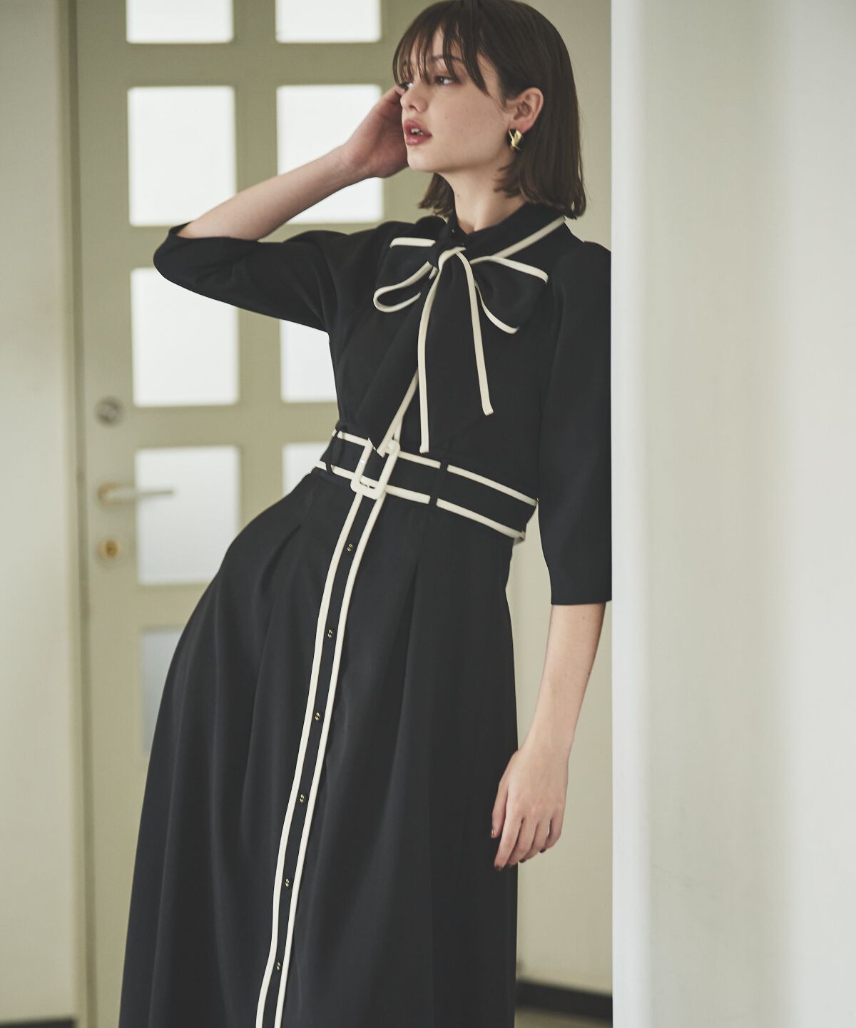 アンドクチュール「配色パイピングボウタイワンピース」|ワンピース|