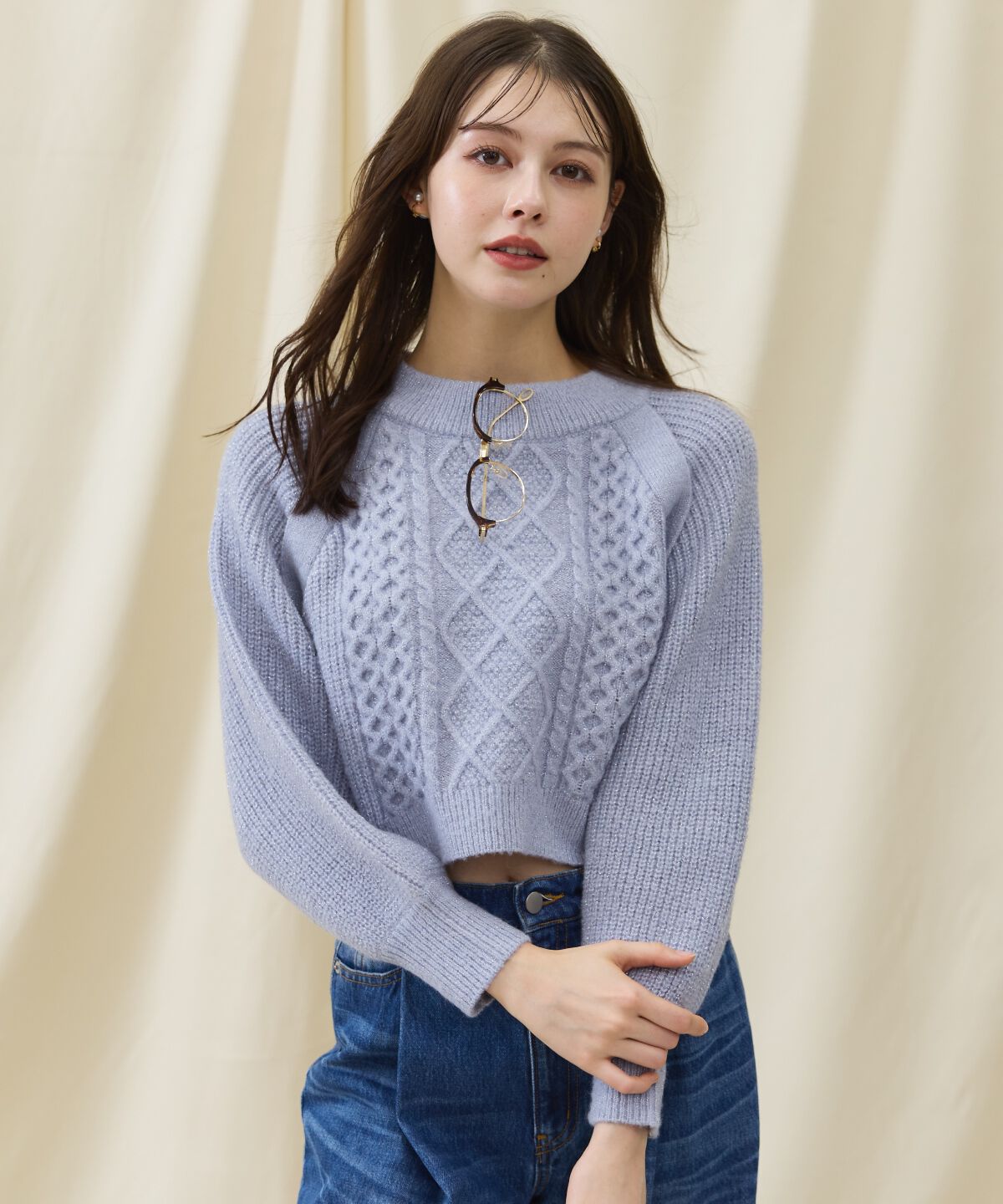 アンドクチュール「ラメケーブルクロップドプルオーバー」|ニット・セーター|