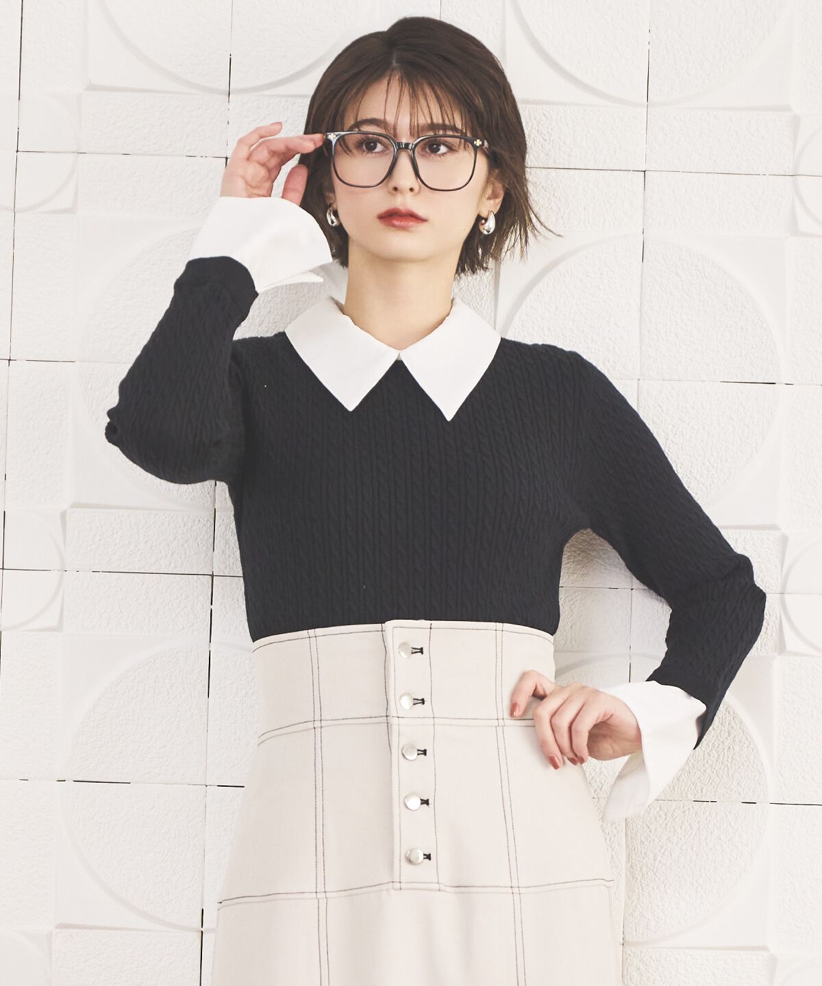 アンドクチュール「シャツレイヤード風ケーブル編みプルオーバー」|ニット・セーター|