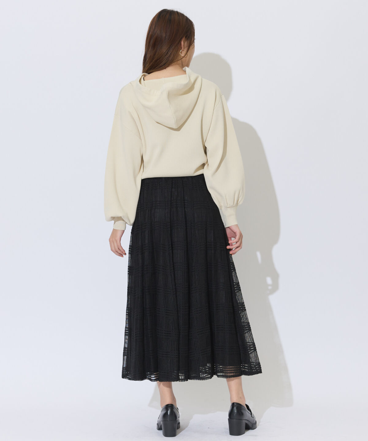 アンドクチュール「ウエストリブメッシュチェックロングスカート」|フレア|