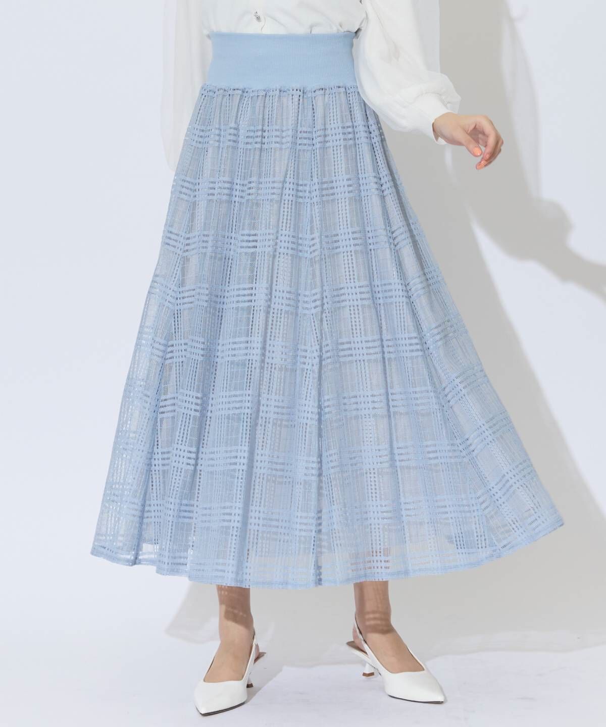 アンドクチュール「ウエストリブメッシュチェックロングスカート」|フレア|ブルー