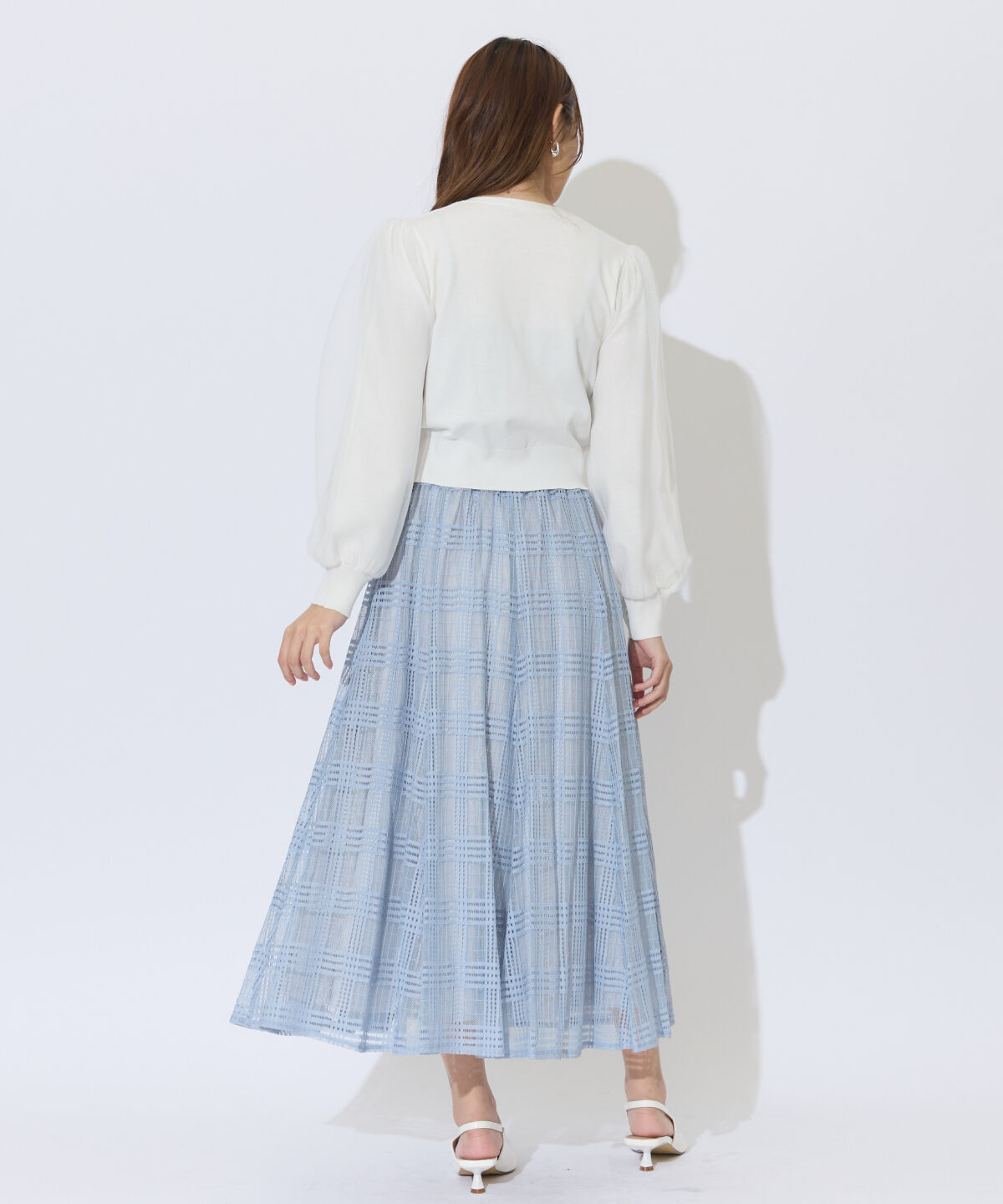 アンドクチュール「ウエストリブメッシュチェックロングスカート」|フレア|