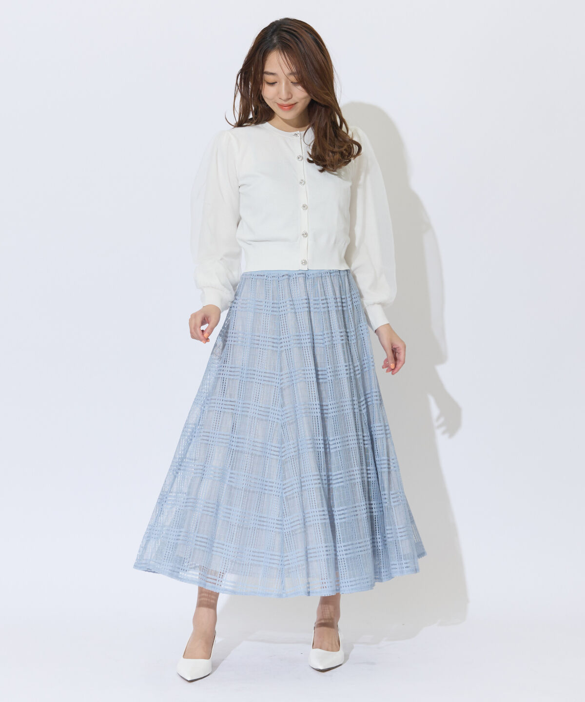 アンドクチュール「ウエストリブメッシュチェックロングスカート」|フレア|