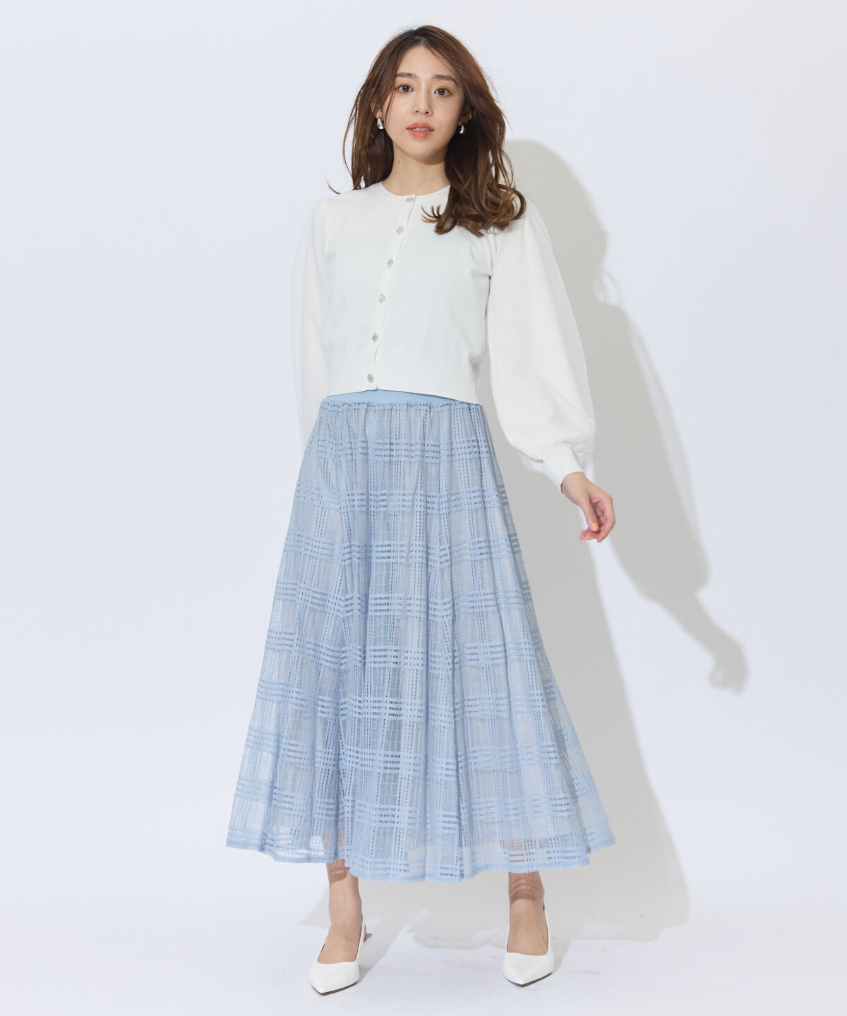 アンドクチュール「ウエストリブメッシュチェックロングスカート」|フレア|