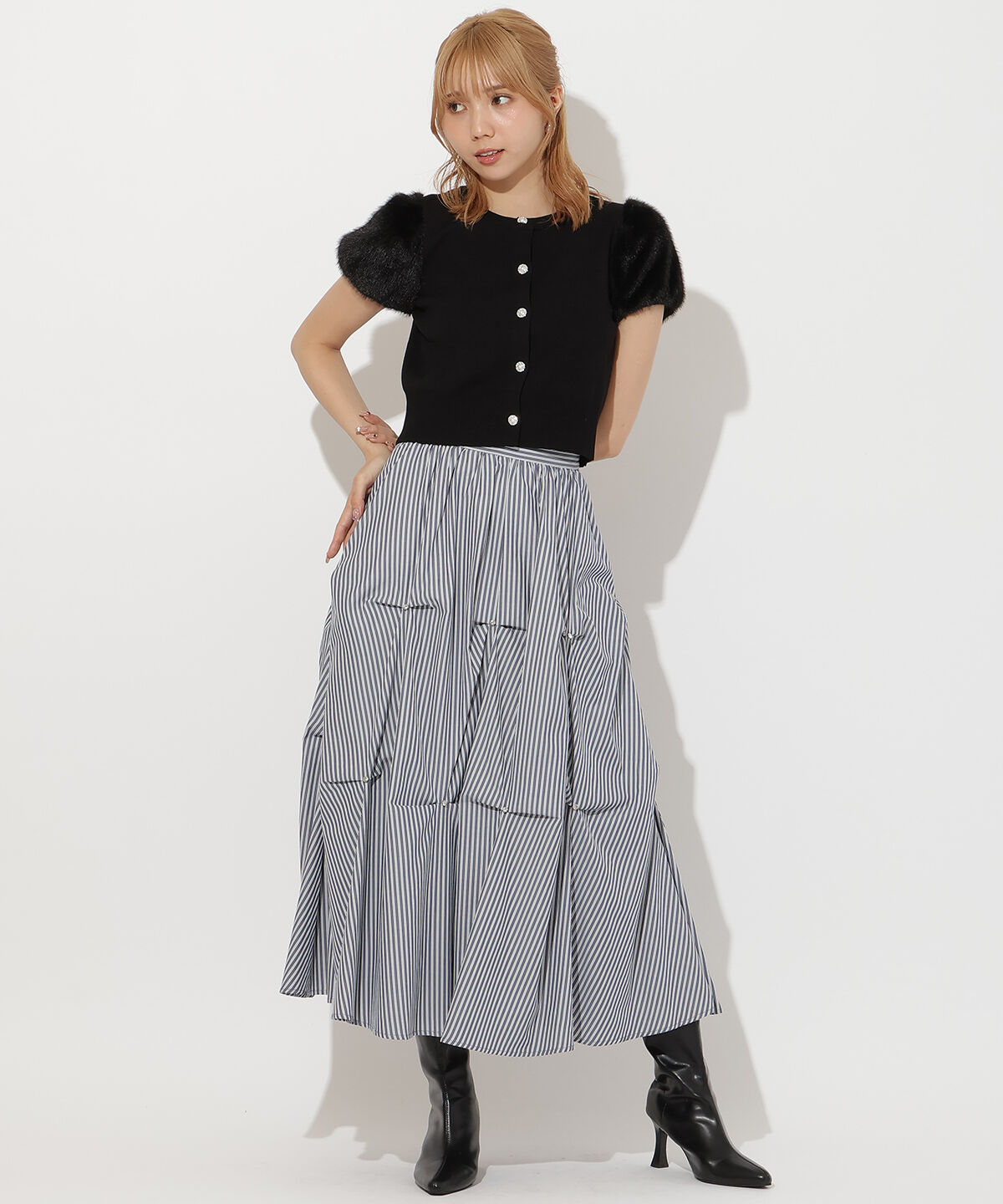 アンドクチュール「ストライプビジューティアードスカート」|フレア|