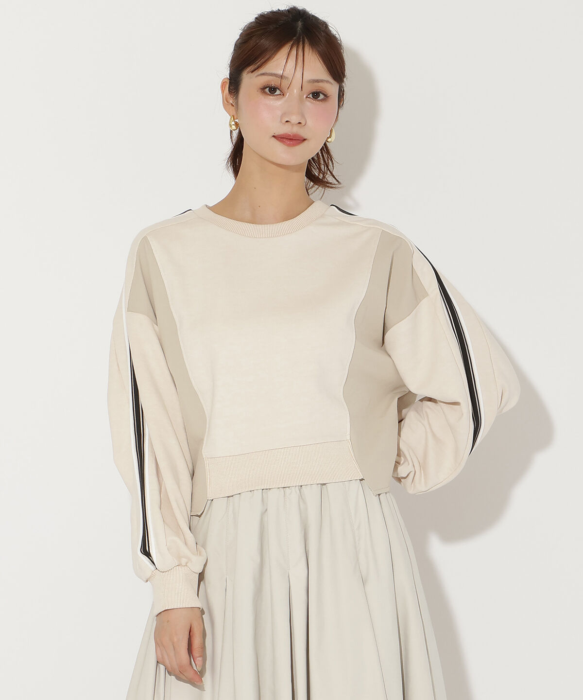 アンドクチュール「ライン入り裏毛トップス」|Tシャツ・カットソー|ベージュ