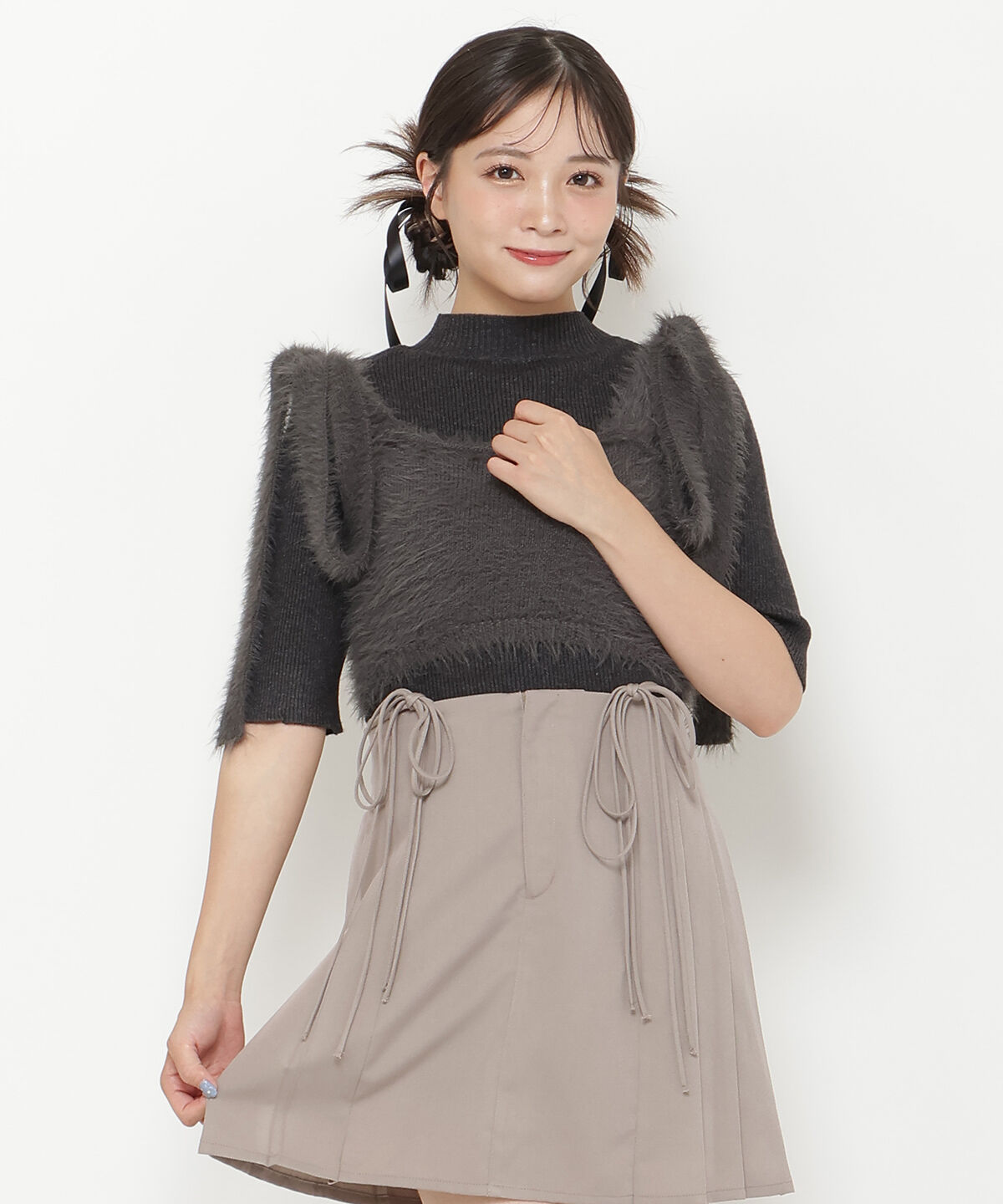 REDYAZEL「シャギーキャミ&リブニットセット」|ニット・セーター|ﾁｬｺｰﾙｸﾞﾚｰ