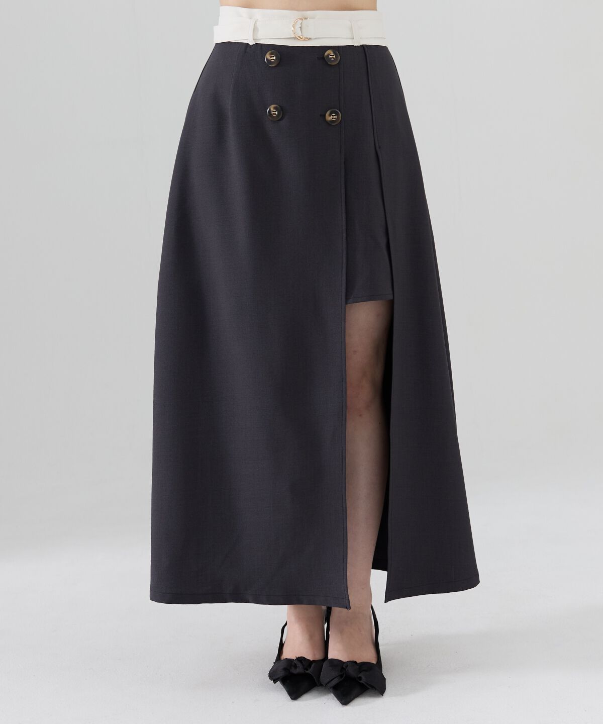 REDYAZEL「バイカラーベルテッドスリットスカート」|フレア|