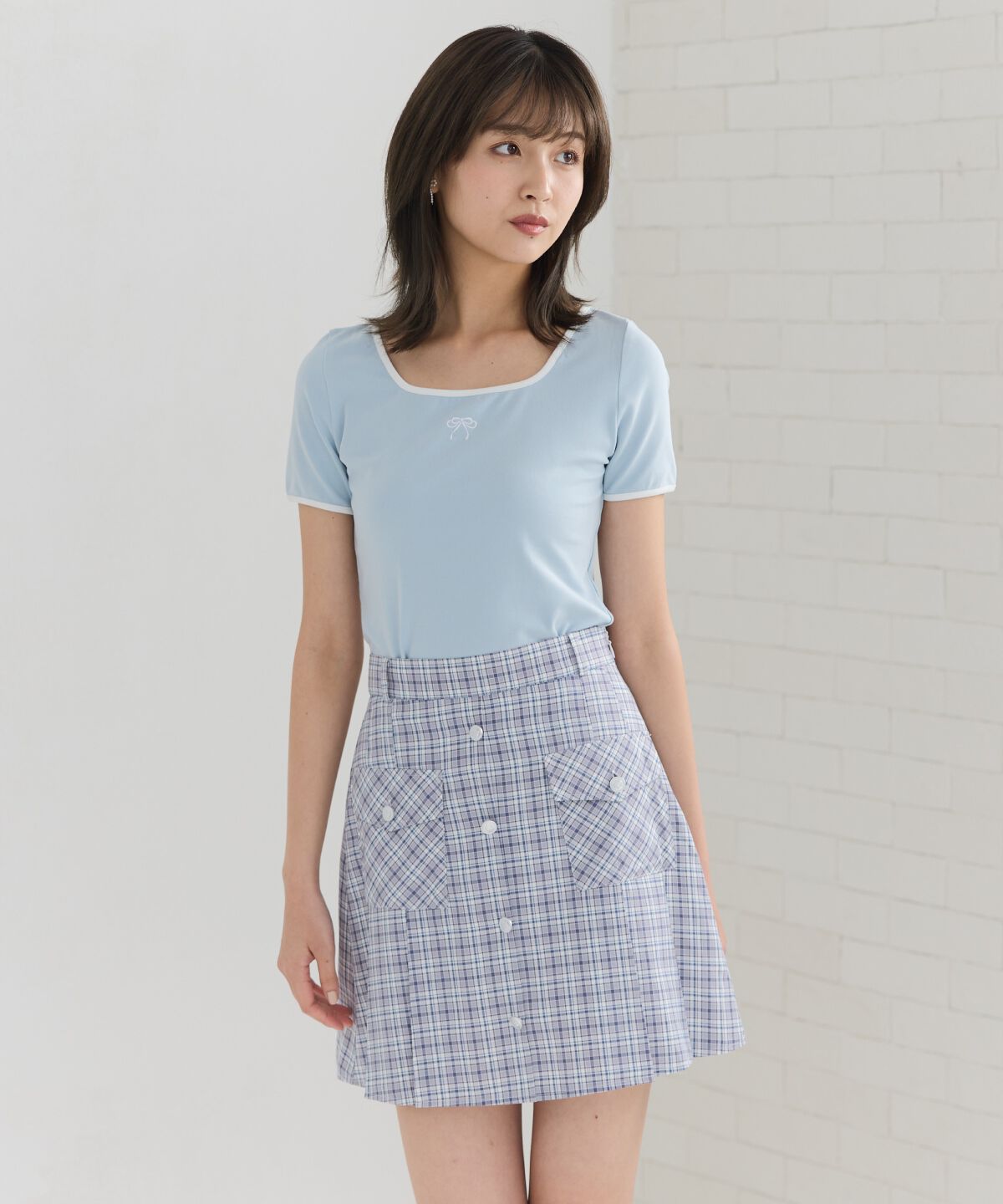 REDYAZEL「フロントボタンチェックミニスカート」|フレア|紺系チェック