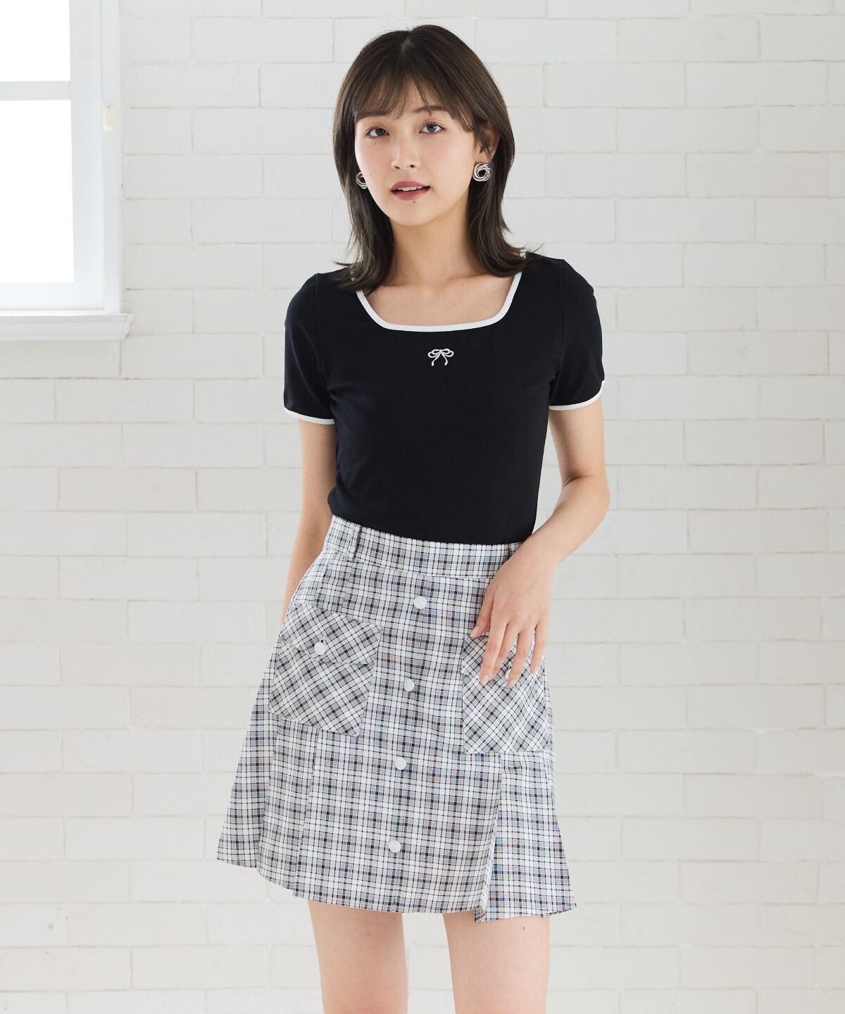 REDYAZEL「フロントボタンチェックミニスカート」|フレア|黒系チェック