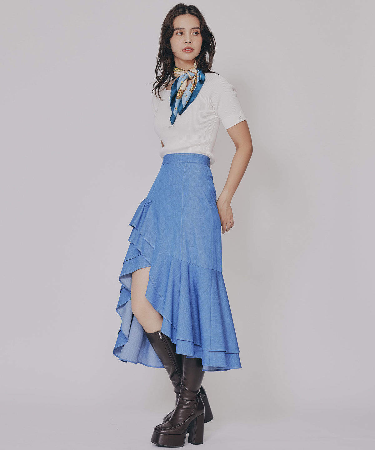 REDYAZEL「アシメフリルデニムライクティアードスカート」|フレア|