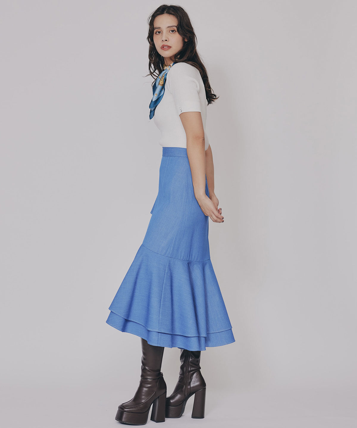 REDYAZEL「アシメフリルデニムライクティアードスカート」|フレア|