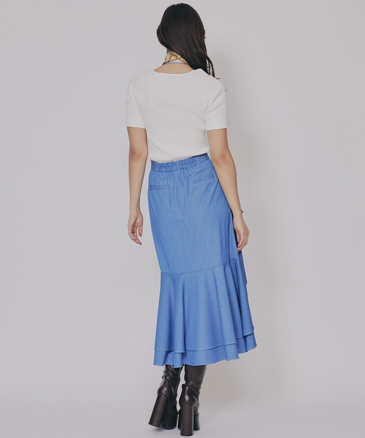 REDYAZEL「アシメフリルデニムライクティアードスカート」|フレア|