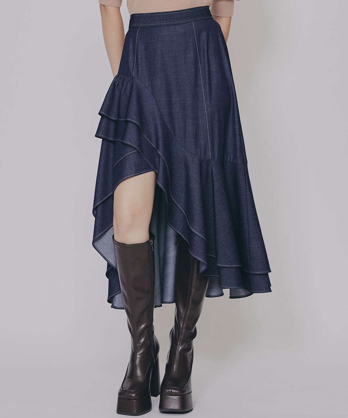 REDYAZEL「アシメフリルデニムライクティアードスカート」|フレア|ネイビー