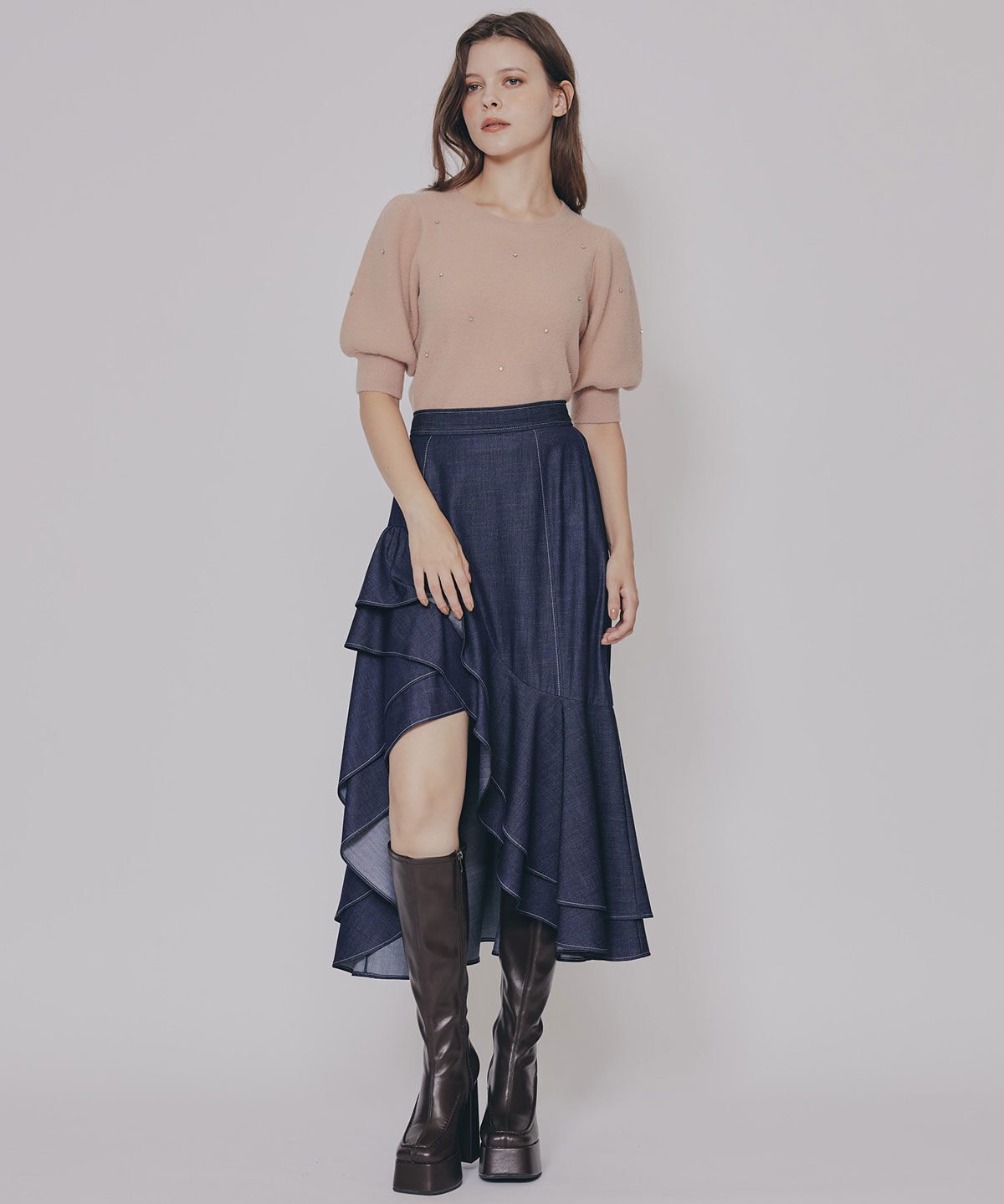 REDYAZEL「アシメフリルデニムライクティアードスカート」|フレア|