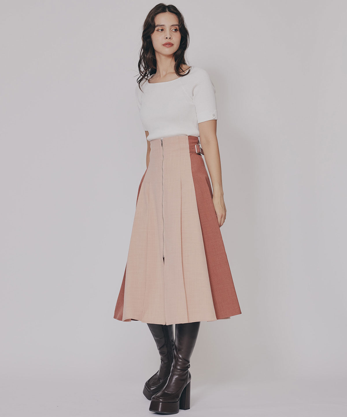 REDYAZEL「フロントジップバイカラーミディスカート」|フレア|