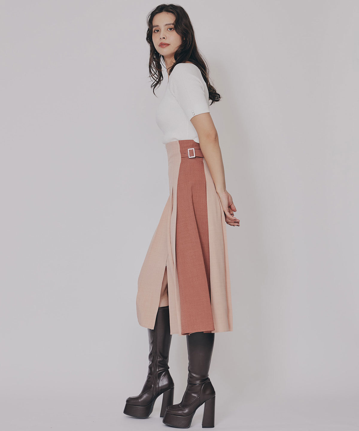 REDYAZEL「フロントジップバイカラーミディスカート」|フレア|