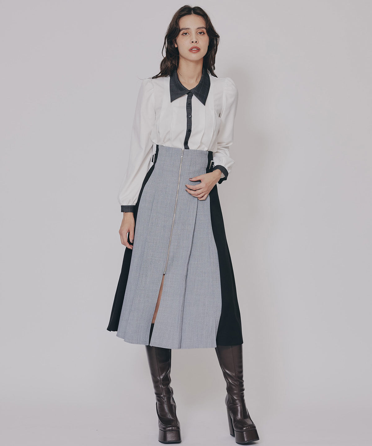 REDYAZEL「フロントジップバイカラーミディスカート」|フレア|