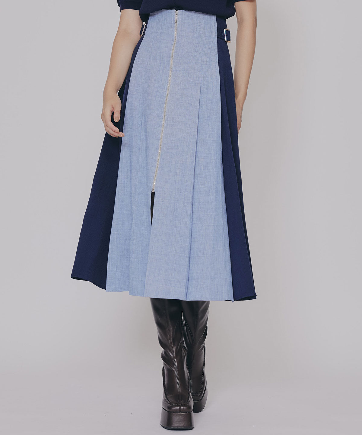 REDYAZEL「フロントジップバイカラーミディスカート」|フレア|ｸﾞﾚﾝﾁｪｯｸ(大)