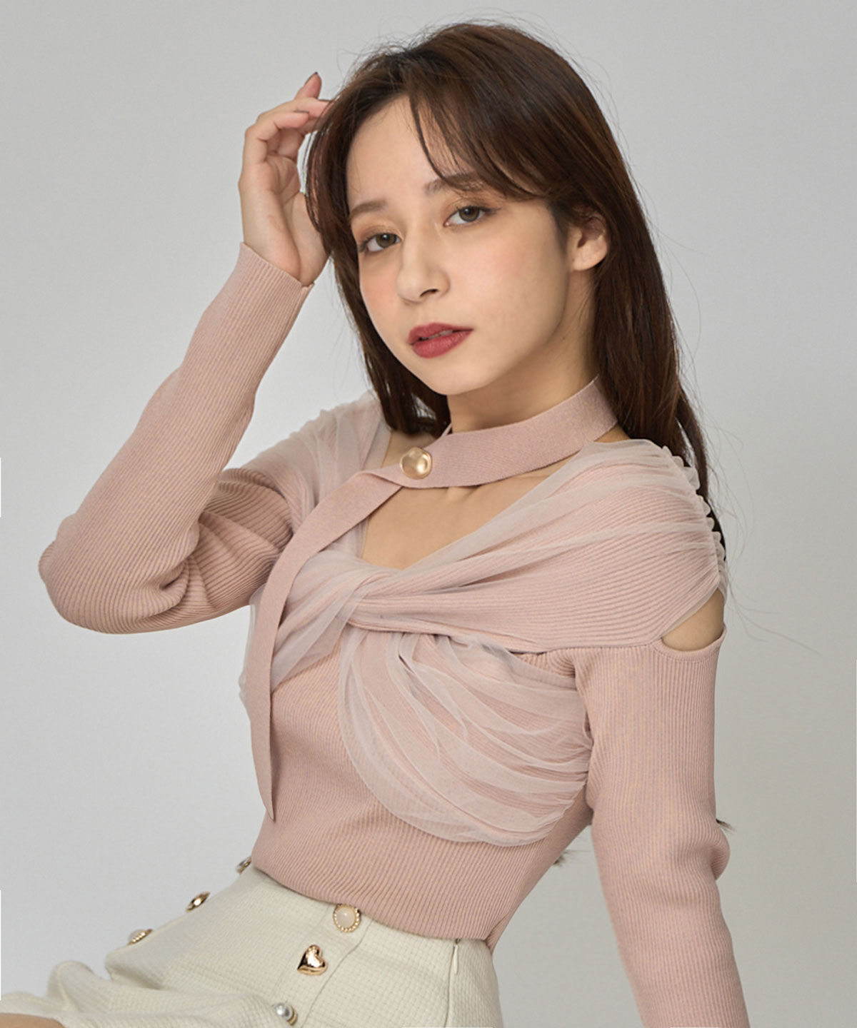 REDYAZEL「チョーカークロスチュールニットトップス」|ニット・セーター|ピンク