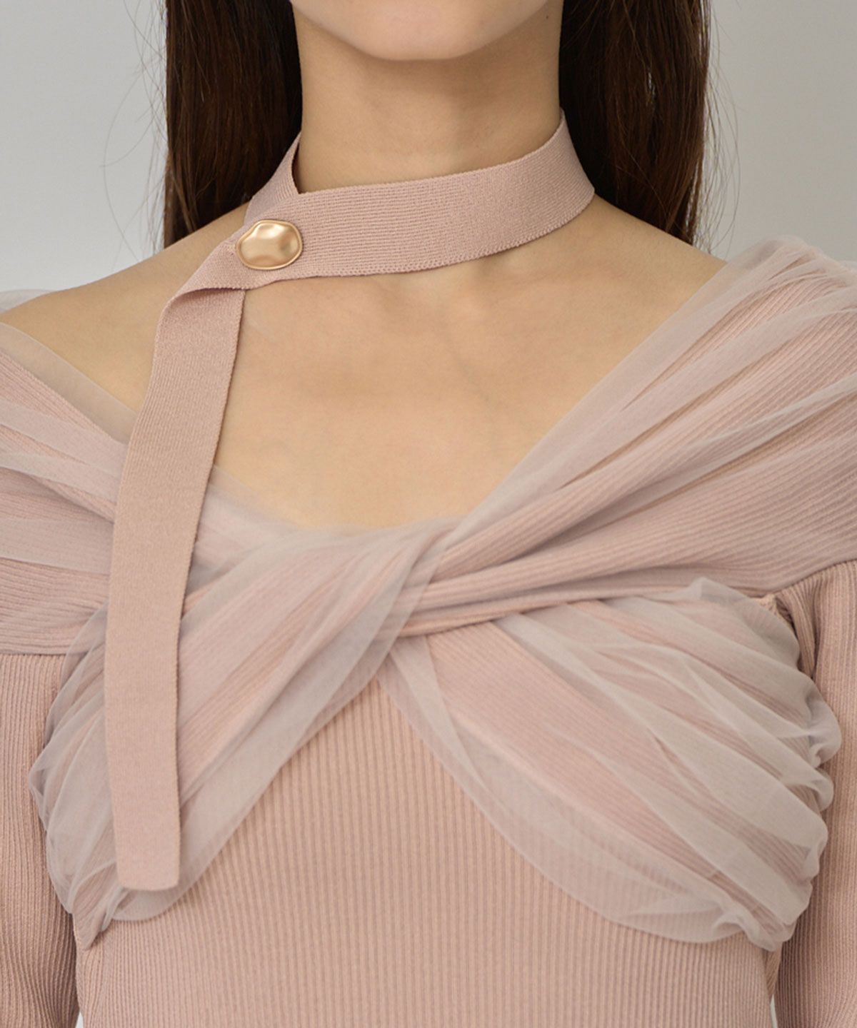 REDYAZEL「チョーカークロスチュールニットトップス」|ニット・セーター|