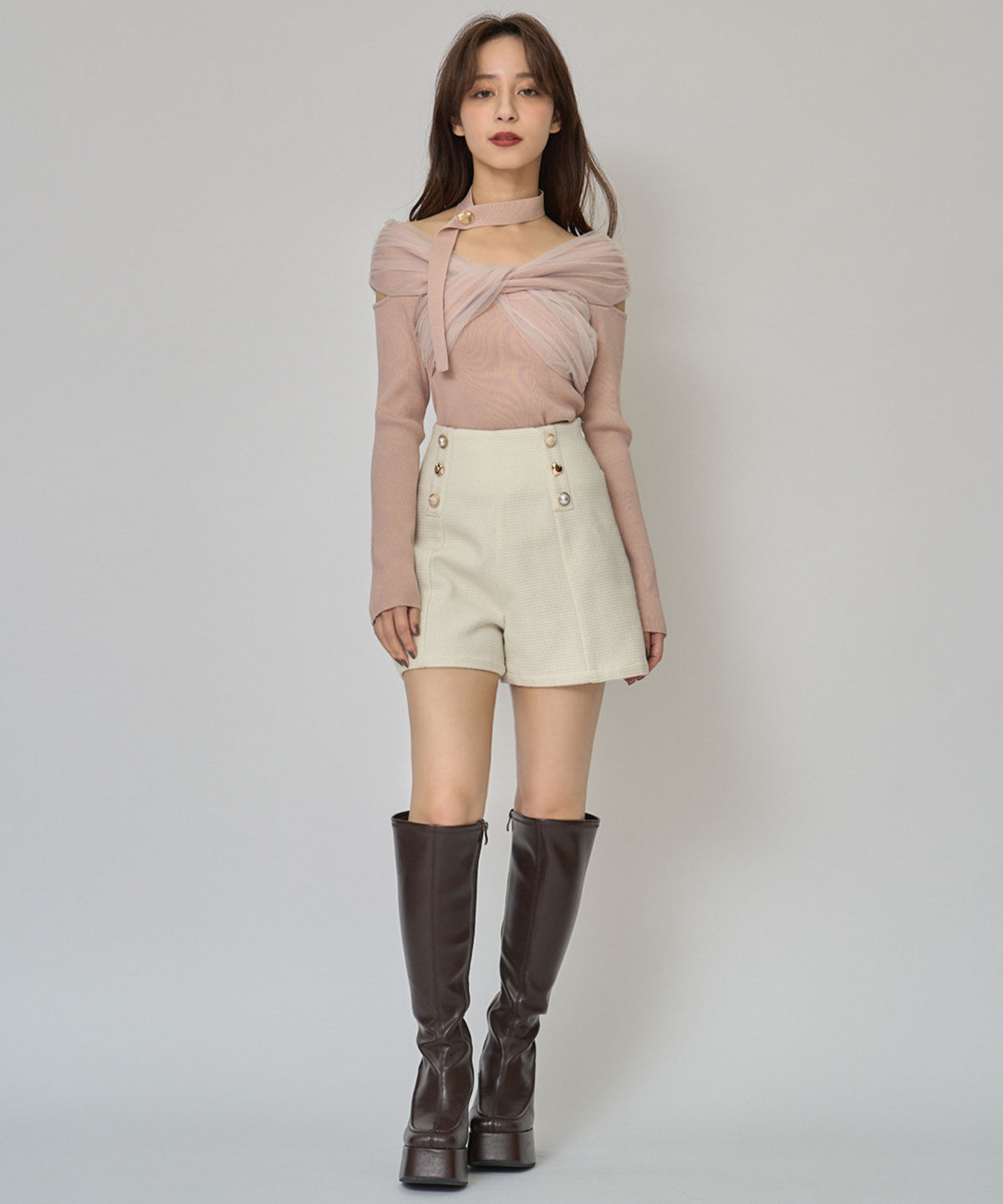 REDYAZEL「チョーカークロスチュールニットトップス」|ニット・セーター|