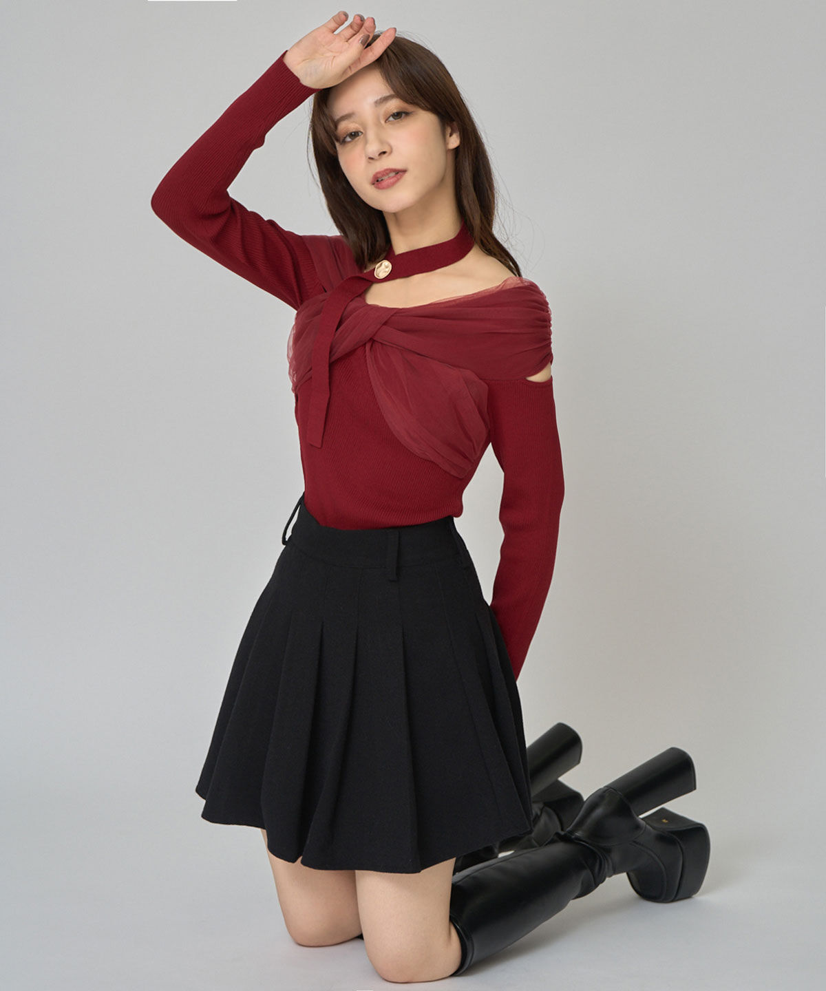 REDYAZEL「チョーカークロスチュールニットトップス」|ニット・セーター|