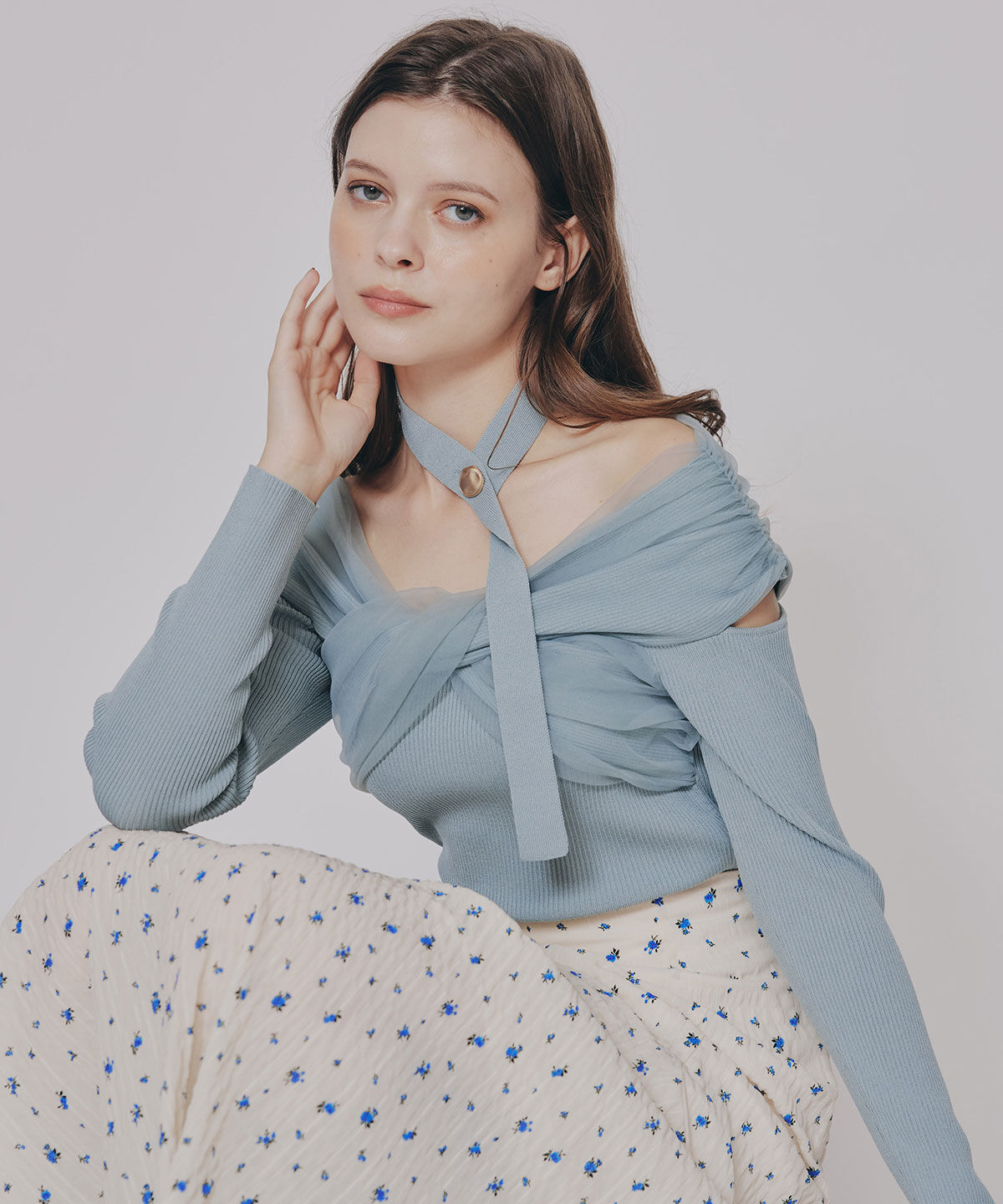 REDYAZEL「チョーカークロスチュールニットトップス」|ニット・セーター|