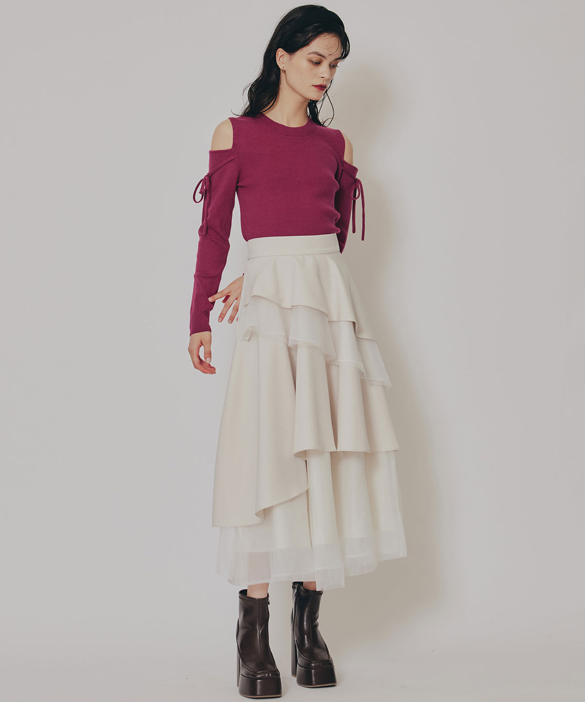 REDYAZEL「シアーMIXティアードスカート」|フレア|
