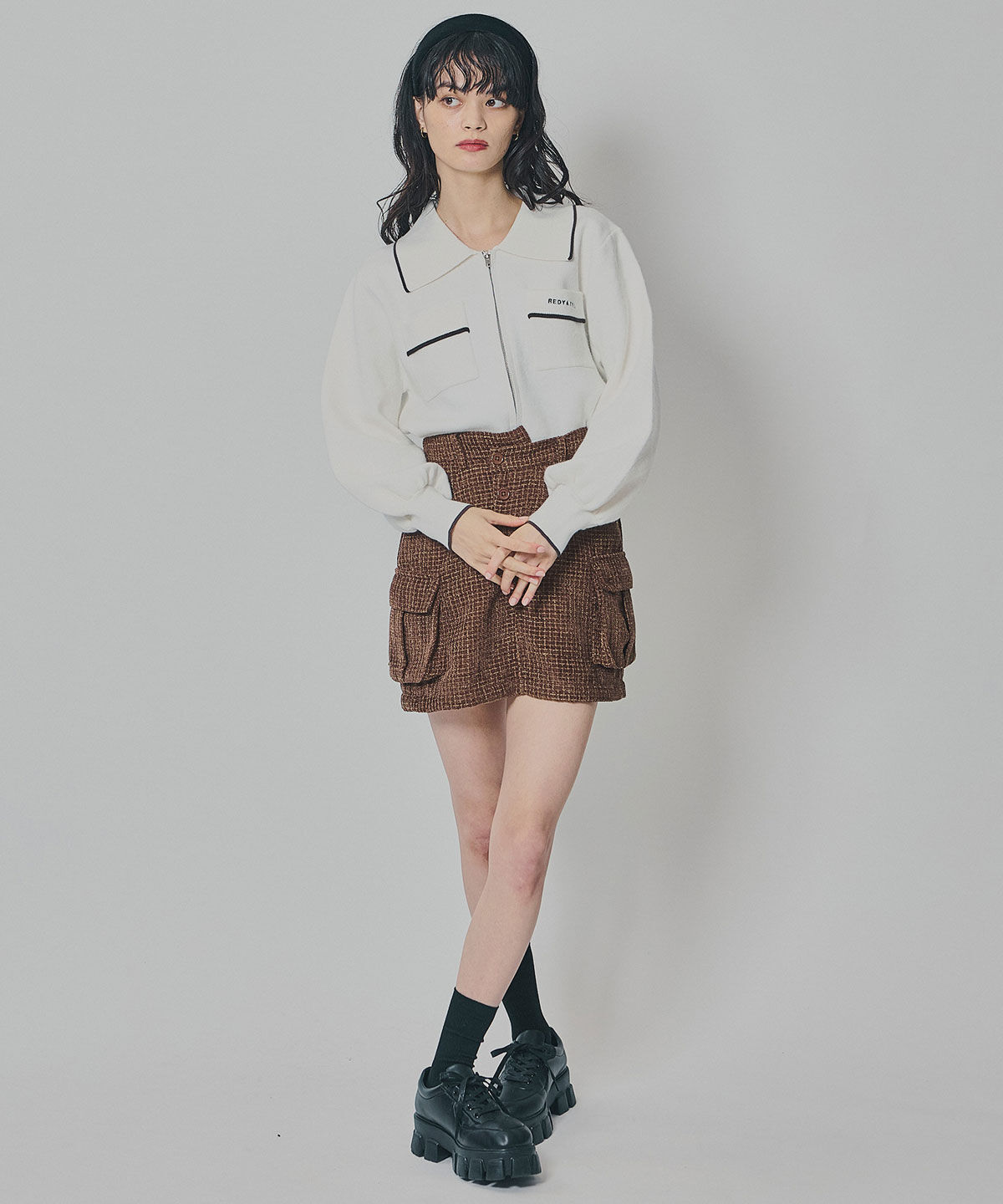 REDYAZEL「モールツイードカーゴミニスカート」|台形|