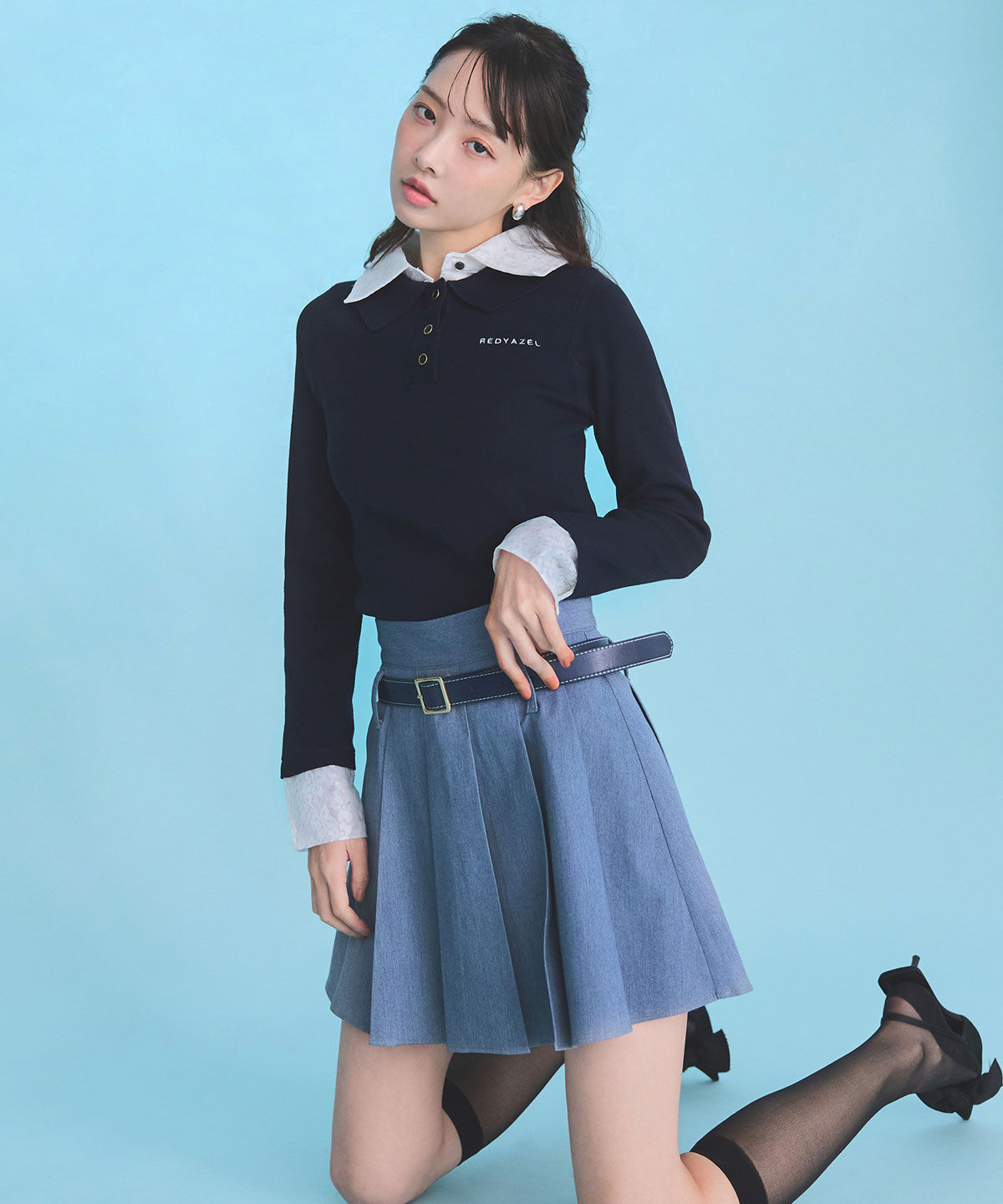 REDYAZEL「ローベルトインナーパンツプリーツミニスカート」|フレア|ブルー