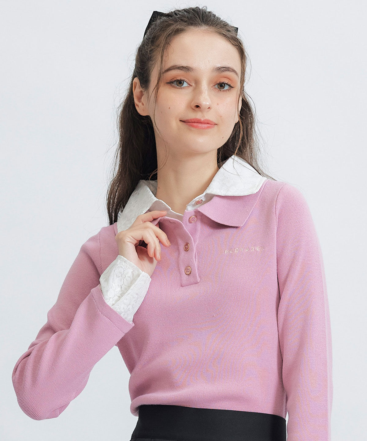 REDYAZEL「ダブルレースカラーポロニットプルオーバー」|ニット・セーター|ピンク