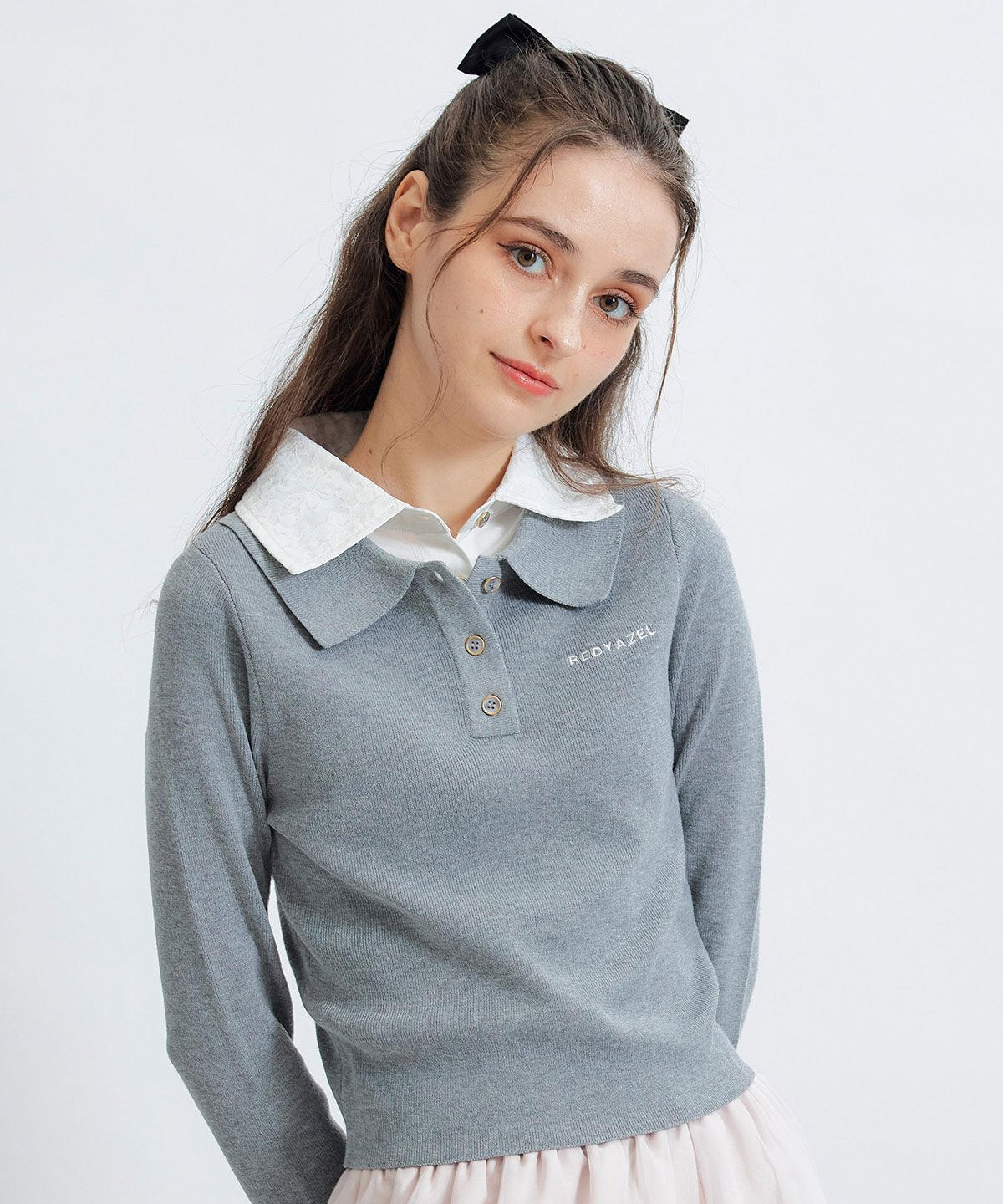 REDYAZEL「ダブルレースカラーポロニットプルオーバー」|ニット・セーター|ライトグレー