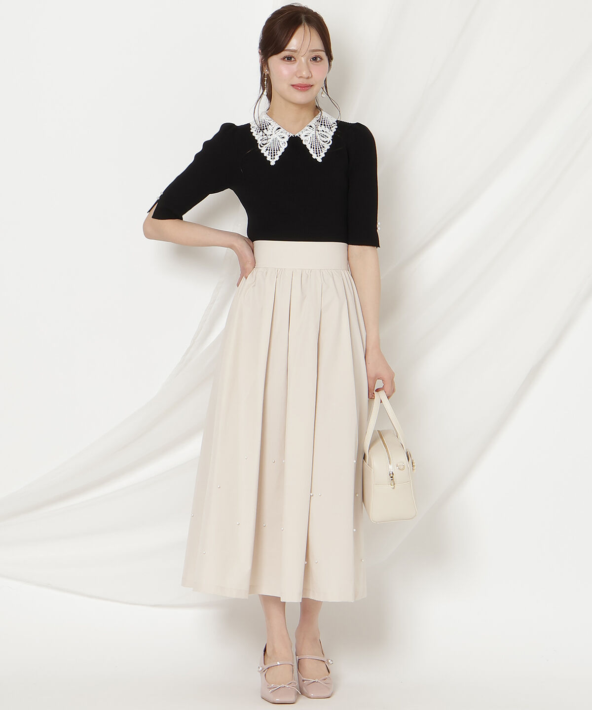 WILLSELECTION「パールタックギャザースカート」|フレア|ベージュ