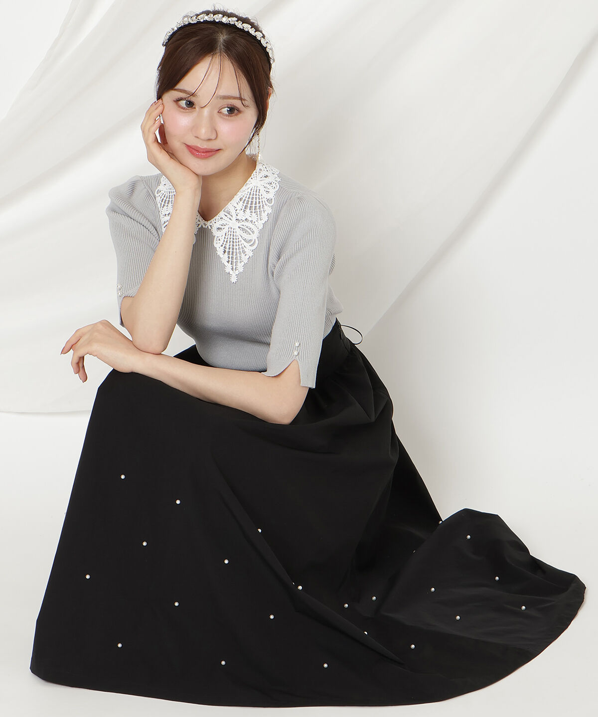 WILLSELECTION「パールタックギャザースカート」|フレア|ブラック