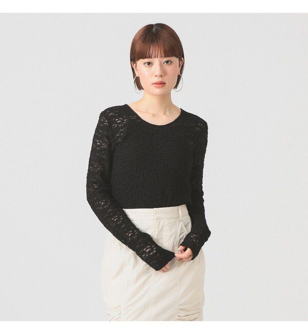 Ray BEAMS 「ジャカード レース クルーネック Tシャツ」|Tシャツ・カットソー|BLACK