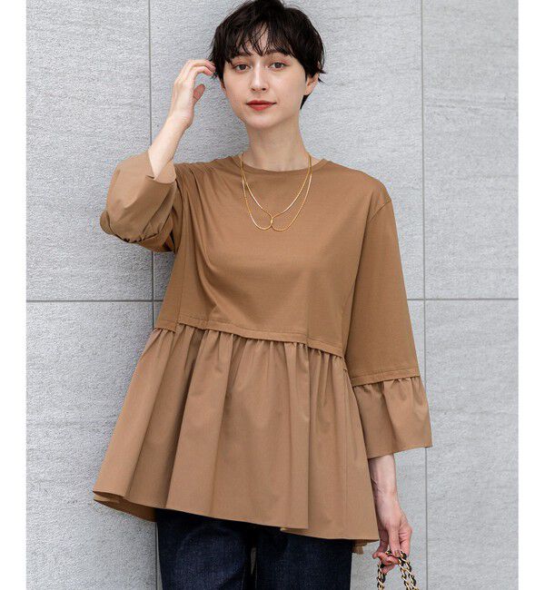 23区「【洗える】シルキータフタコンビ ペプラム カットソー」|Tシャツ・カットソー|キャメル系