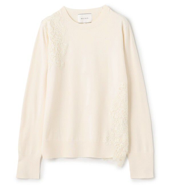 BEIGE,「【ご好評により新色追加！洗える】WILLOW / アシンメトリーレースクルーネックニット」|ニット・セーター|