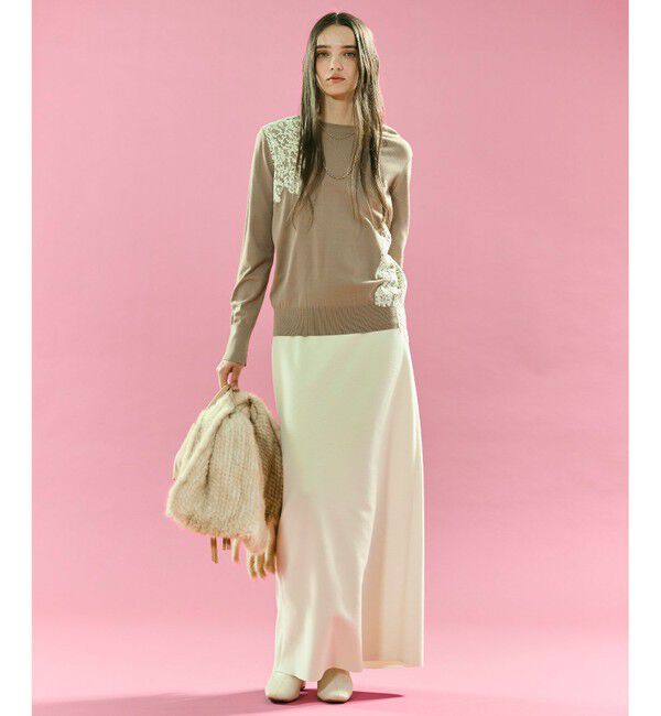 BEIGE,「【ご好評により新色追加！洗える】WILLOW / アシンメトリーレースクルーネックニット」|ニット・セーター|