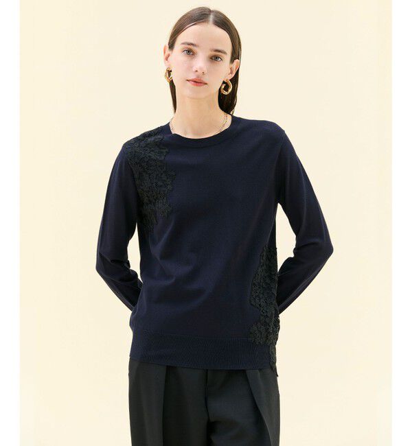 BEIGE,「【ご好評により新色追加！洗える】WILLOW / アシンメトリーレースクルーネックニット」|ニット・セーター|Navy&times;Black