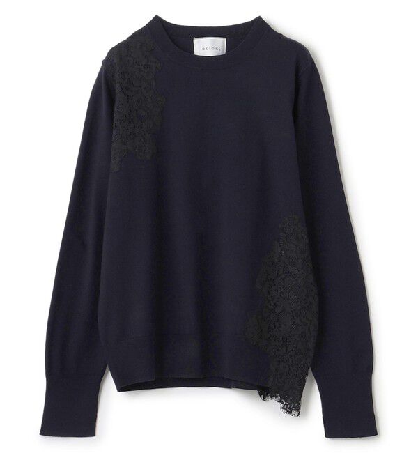 BEIGE,「【ご好評により新色追加！洗える】WILLOW / アシンメトリーレースクルーネックニット」|ニット・セーター|