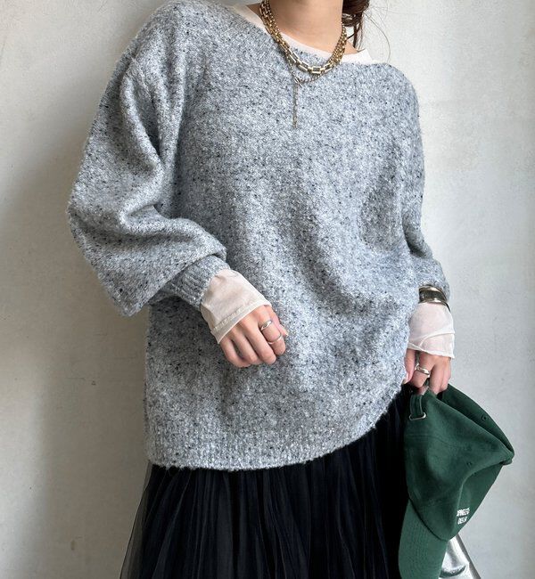  「MIXヤーンボートネックプルオーバー」|ニット・セーター|グレー