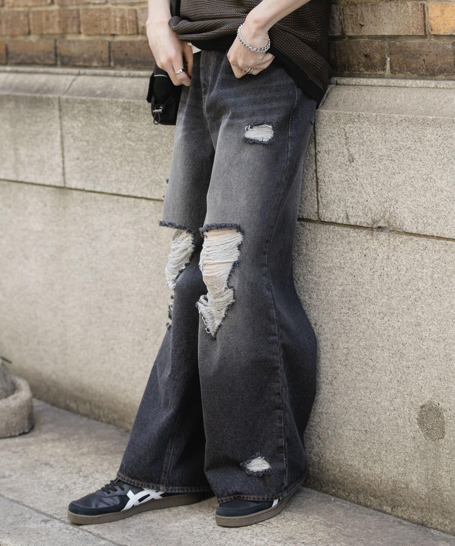 SENSE OF PLACE by URBAN RESEARCH「『ユニセックス』ダメージデニムワイドパンツ」|デニム|